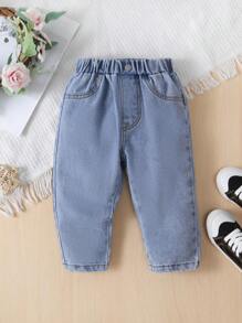女嬰彈性腰帶直筒牛仔褲 - 淺色水洗藍 - 查看 1