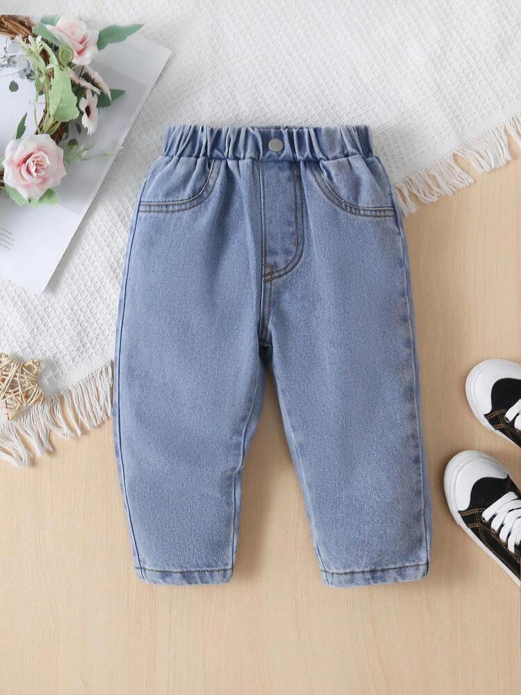 Baby Girl Elastic Waist Straight Leg Jeans - Light Wash - View 1