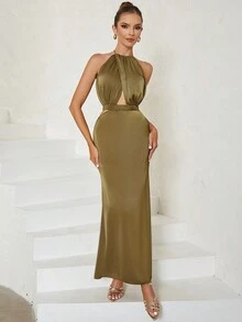 Cut Tie-Up Crossover Open-Back Hang-Pleated Dress - Olive Green - View 5