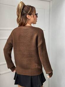 SHEIN EZwear 蘑菇圖案落肩袖套頭毛衣 - 咖啡棕 - 查看 2