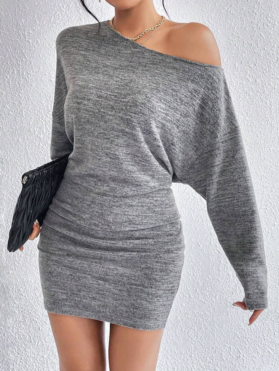 SHEIN Essnce 段染落肩袖素色連衣裙 - 灰色 - 查看 1