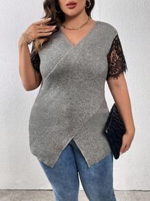 SHEIN LUNE Plus Contrast Lace Wrap Hem Sweater Knit Pullover Fall Winter Sweater - Grey - View 5