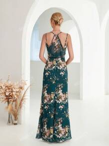 Floral Print Split Thigh Cami Bridesmaid Dress