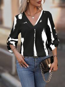 SHEIN LUNE Brush Print Roll Tab Sleeve Blouse - Black and White - View 5