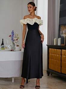 Sollinarry 女士撞色露肩褶饰优雅法式连衣裙，婚礼宾客服装 - 黑色 - 查看 5