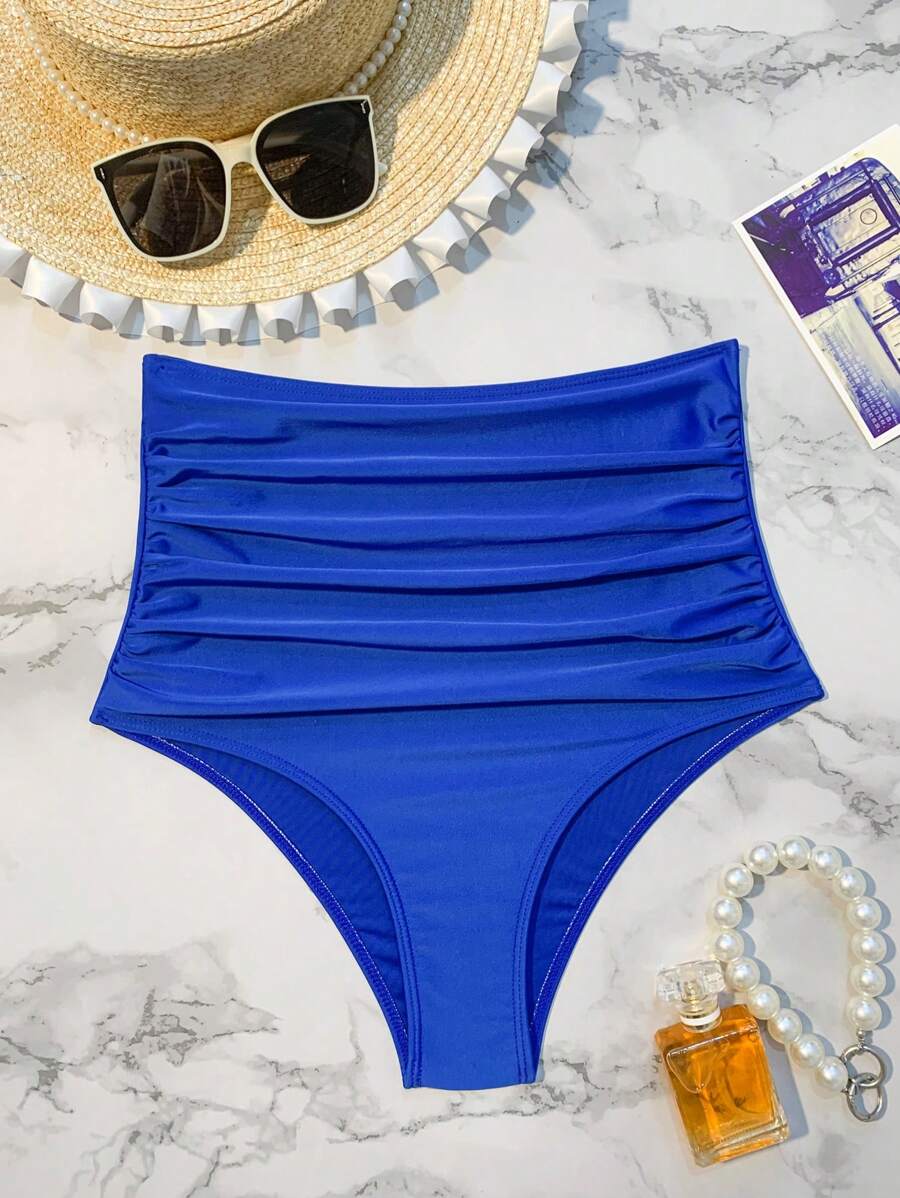 SHEIN Swim Summer Beach Ruched High Waisted Bikini Bottom - Royal Blue - View 1