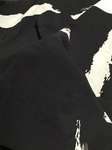 SHEIN LUNE Brush Print Roll Tab Sleeve Blouse - Black and White - View 7