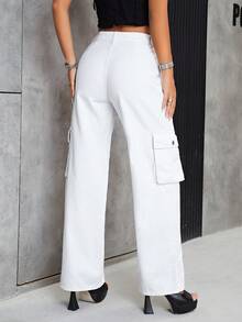 SHEIN ICON Flap Pocket Side Cargo Jeans Without Belt - White - View 2
