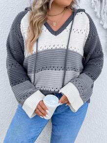 SHEIN LUNE Plus Colorblock Drop Shoulder Drawstring Hooded Sweater