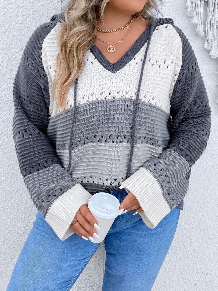 Plus Colorblock Drop Shoulder Drawstring Hooded Sweater Knit Pullover Fall Winter Sweater