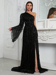 YISIKADO Asymmetrical Neck Split Thigh Sequin Formal Dress Black Elegant Long Sleeve Prom Evening Wedding Guest Gown, For Graduation, Dinner Party Dress - màu đen - Xem 5
