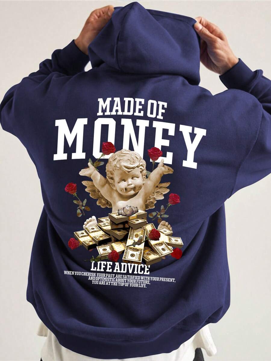 Manfinity 男士標語&天使印花袋鼠口袋抽繩保暖連帽衫 - 藏蓝色 - 查看 1