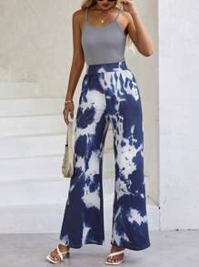 SHEIN LUNE Tie Dye Flare Leg Pants - Blue - View 4