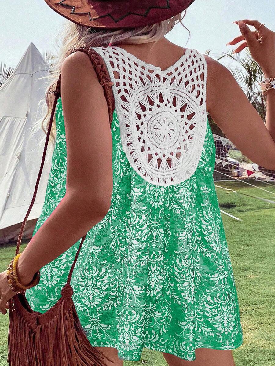 SHEIN Holidaya Plus Allover Print Contrast Guipure Lace Tank Top - Green - View 1
