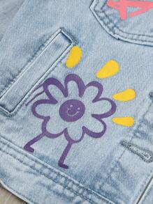 SHEIN Young Girl Cartoon Print Denim Jacket Without Tee, School, Campus, College - Light Wash - View 4