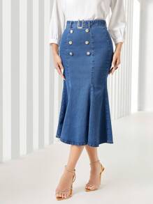 Mulvari 腰帶 雙排釦 荷葉邊 拉鍊 金屬氣眼純色女士牛仔半身裙