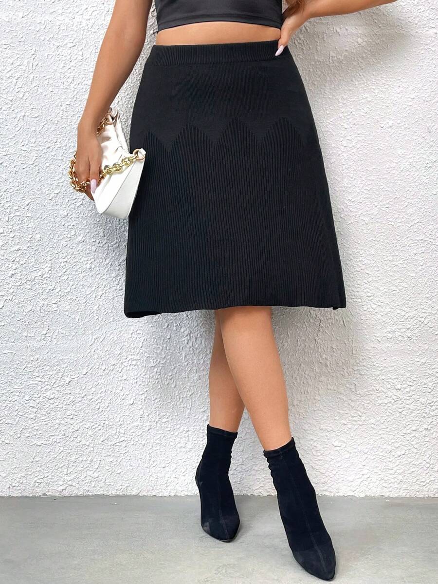 Celure 大碼素色毛衣半身裙 - 黑色 - 查看 1