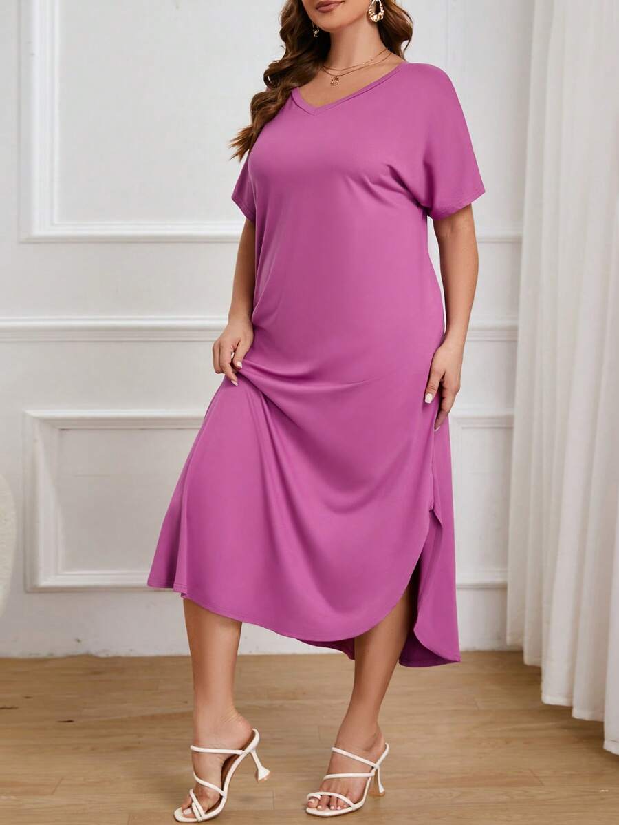 SHEIN Essnce 大碼素色V領開衩袖洋裝 - 紫色 - 查看 1