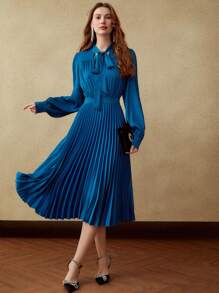MOTF PREMIUM PLEATED TIE-NECK DRESS - Teal Blue - View 7
