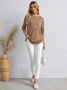 EMERY ROSE Women's Casual Solid Color Button Back Curved Hem T-Shirt Women Long Sleeve Tops Grey Tops For Women Gray Blouse Women Solid Color T Shirt Tops Women Women Women's Fall Clothes - Khaki - View 4