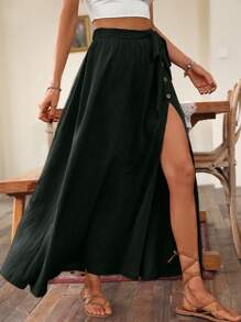 SHEIN VCAY Falda cruzada de talle alto con diseño de botón con nudo lateral - Negro - Ver 1