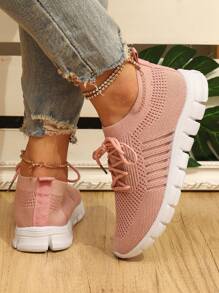 Women's Fashionable Breathable Knitted Lace-Up Sports Shoes For All Seasons, Suitable For Running And Casual Wear - Hồng - Xem 4