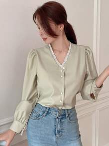 DAZY Guipure Lace Trim Puff Sleeve Blouse - Olive Green - View 6
