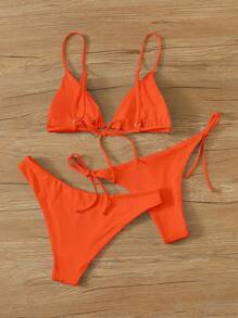 SHEIN Swim Summer Beach Triangle Tie Side Bikini Set, Bathing Suit - Orange - View 2