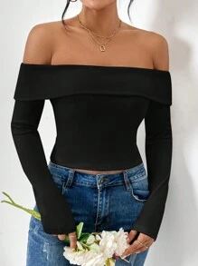 SHEIN Essnce Foldover Off Shoulder Crop Tee
