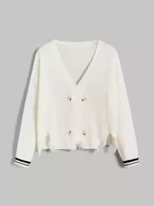 SHEIN MOD 條紋飾邊落肩袖前紐扣開襟衫 - 米色 - 查看 1