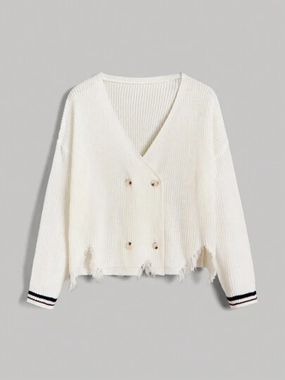 SHEIN MOD 條紋飾邊落肩袖前紐扣開襟衫