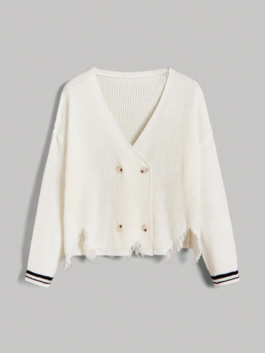 SHEIN MOD 條紋飾邊落肩袖前紐扣開襟衫 - 米色 - 查看 1