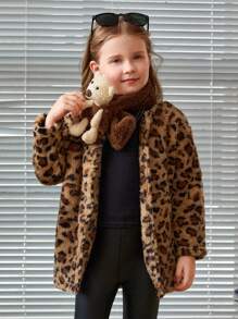 SHEIN Young Girl Leopard Print Teddy Coat With Scarf - Multicolor - View 3