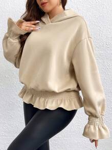 Celure Plus Flare Sleeve Ruffle Hem Hoodie Graduation,Back To School Outfits,Graduation,Teacher Outfits For Women,Back To School Pullover Fall Outfit