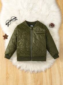 SHEIN Young Boy 1pc Zip Up Quilted Bomber Jacket - Army Green - View 3
