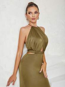 Cut Tie-Up Crossover Open-Back Hang-Pleated Dress - Olive Green - View 3