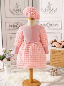 SHEIN Young Girl Solid Bow Front Dress With Hat - Pink - View 1