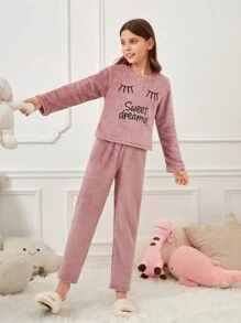 Tween Girl Cartoon & Letter Embroidery Flannel Top & Pants PJ Set - Rusty Rose - View 4