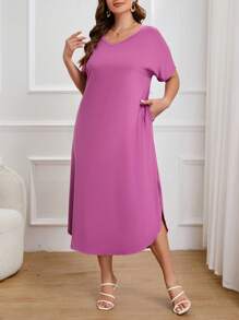 SHEIN Essnce 大碼素色V領開衩袖洋裝 - 紫色 - 查看 3