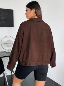 Flirla 大碼落肩袖翻蓋細節燈芯絨夾克 - 咖啡棕 - 查看 6