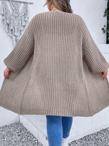 SHEIN CURVE+ 大碼落肩袖開襟開衫 - 卡其色 - 查看 2