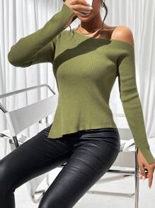 SHEIN Essnce Asymmetrical Neck Ribbed Knit Sweater - Green - View 3