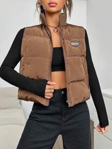 SHEIN EZwear 1 件字母贴花拉链背心加厚外套 - 咖啡棕 - 查看 2