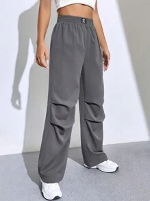 SHEIN Unity Quần ống đứng nhún bèo trơn - Màu xám đen - Xem 6
