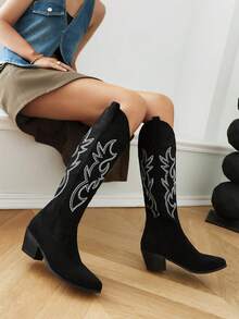 Women's High-Cut Rhinestone Western Boots High Heels, Cowboy Boots For Women - Black - View 6