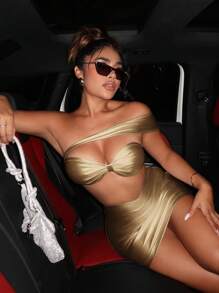 SHEIN SXY Một bờ vai Top Cây trồng & Váy bodycon - gừng - Xem 1