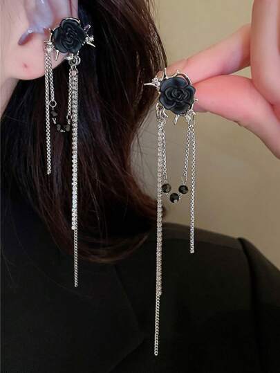Goth 1pair Fashion Zinc Alloy Flower & Chain Decor Earrings For Women For Daily Decoration Valentines