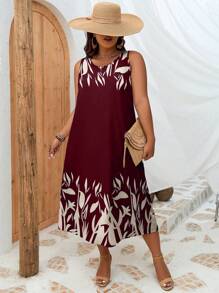 INAWLY Plus Plants Print Tunic Dress For Summer - Burgundy - View 4
