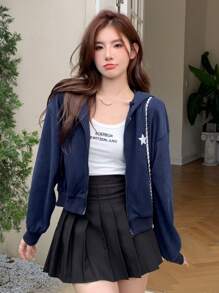 DAZY 星星图案落肩拉链连帽衫 Y2k，秋季服装运动衫夹克 - 藏蓝色 - 查看 2