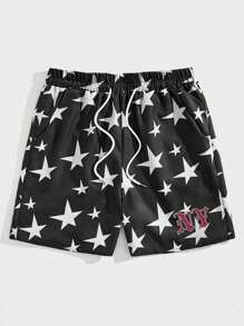 ROMWE MEN Street Life Men Star & Letter Graphic Drawstring Waist Shorts, Football Style - Black and White - View 1